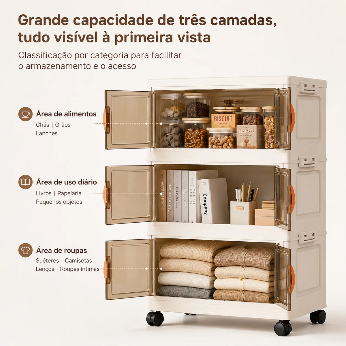 Organizador dobrável com portas magnéticas e rodízios