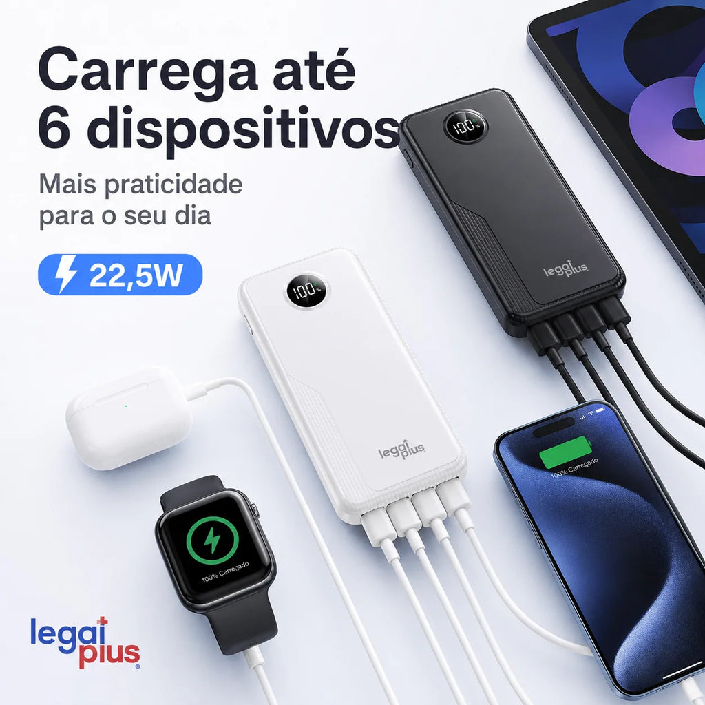 Power bank com 4 cabos integrados e visor digital — 22,5 W