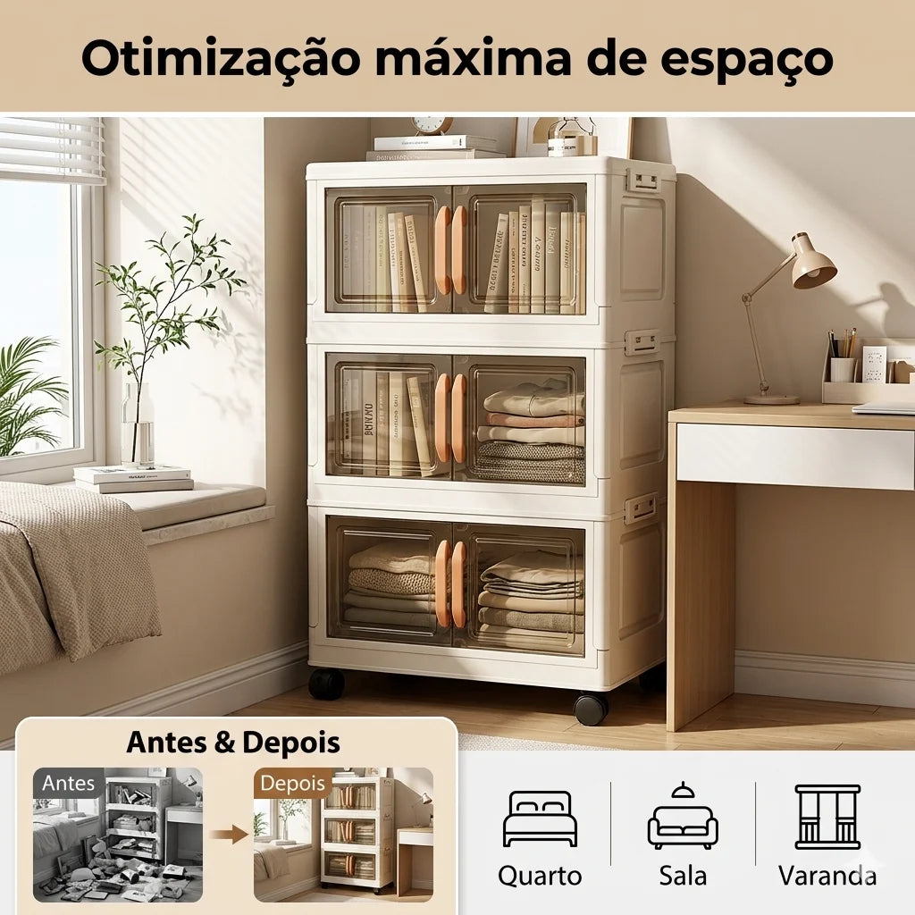 Organizador dobrável com portas magnéticas e rodízios