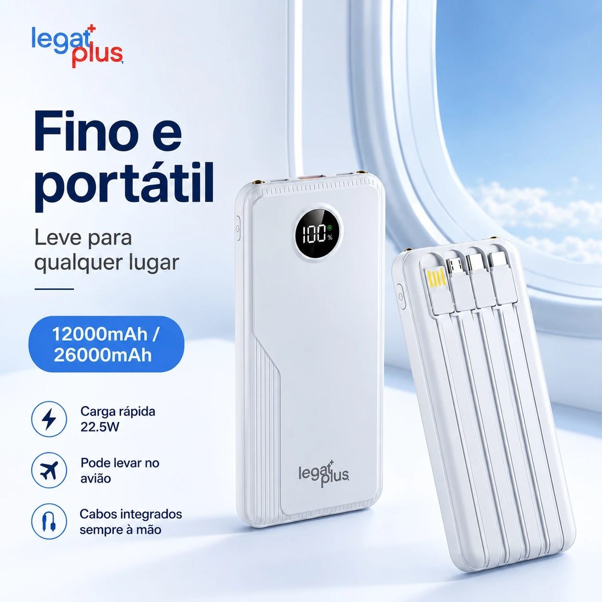 Power bank com 4 cabos integrados e visor digital — 22,5 W