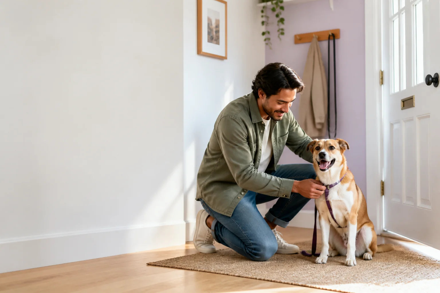 Pessoa preparando um cachorro feliz para passear em casa